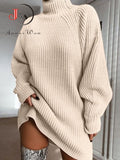 Turtleneck Oversized Knitted Dress Autumn Solid Long Sleeve Casual Elegant Mini Sweater Dress Winter Clothes-Outfit