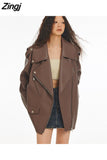 Spring Autumn Cool Oversized Soft Brown Pu Leather Biker Jacket Women Loose Chic Luxury Designer Unisex Clothes
