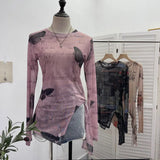 Vintage Tie-Dye-Print Net Yarn Jersey Long-Sleeved Top Irregularly T-Shirt With Thin Short T-Shirt