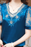 Neck Fashion Lace Satin Blouses Flower Embroidery Elegant 2023 Woman Summer Silk Short Sleeve Shirts Youth Top Blusas