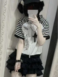Cartoon Print Kawaii Harajuku Tee Shirts Women Y2k Casual Striped T-Shirt Tops Patchwork Zipper Hooded Gothic