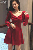 Sleeve Dress Women Square-collar Bow Elegant Backless Mini A-line Velvet-fabric Fashion Retro Womens Vestidos Chic