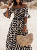 Pattern Print Women Summer Vacation Off Shoulder Dress Sexy Loose Hem Maxi Dress Retro Boho Ruffle Sleeve Long A-Line