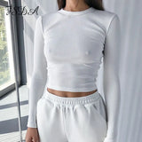 O Neck Ribber Long Sleeve Crop Top Women Autumn Winter White Casual T Shirt Basic Black Sexy Knitted Top Shirts