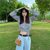Women Ins Floral Summer Trendy Sexy Femme Crop Top Lace-up All-match Daily Soft Womens Shirts Puff-sleeve Vintage