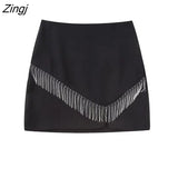 Women Fashion Diamond Tassel Design Black Split A Line Mini Skirt Faldas Mujer Female Chic Zipper Fly Vestidos