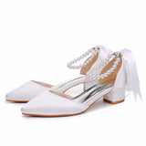 Cm Low Heel Tip Hollow Sandals Coarse Heel Beaded Women's Shoes White Mute PU Wedding Banquet Bridal