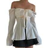 Zingj Shirt Women's Slim Pleated Strap Set Horn Long Sleeve Top