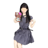 Family Gold Wind Gray Wave Dot Dress Women's Summer Small Design Feeling Waist Thin 100 Folds Short