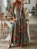 Zingj Bohemian Horn Sleeve Print V-Neck High-Waist Holiday Dress Floral Dress-Outfit