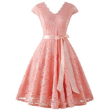 V-Neck Lace Knee-Length Women Dresses With Short Sleeves Sundress Female Vestidos New Arrival Chic Formal Party