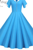 Women Vintage Slim Summer Dress Solid Yellow Short Sleeve High Waist Elegant Office Party Midi Sundress Classic Robe