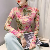 S-4XL Spring Autumn High Neck Mesh Long T-shirts Fairy Lady Long Sleeve Printed Floral T Shirt Women Slim Tops