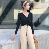 Sexy lace up knitting pullover top Fashion autumn winter sweater women Chic pink V-neck knit slim jumper pull