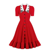 Tunic Midi Slim Shirt Dress Women Retro Vintage Club Party Turn-Down Collar Button Short Sundress Elegant Red 50s