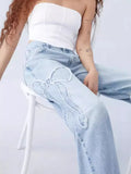 New Embroidered Side Brim Butterfly Jeans Women's High Street Design Spicy Girls' Loose Straight