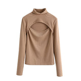 2021 Spring Hollow Out T-shirts Woman Slim Knitted Turtleneck Tops Tee Long Sleeve Sexy Ladies