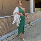 2023 Cut Out Long Dress Women Asymmetric Green Sleeveless Dress Woman Ruched Off Shoulder Midi Summer Elegant Party