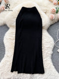 Women Solid OL Knitted Skirt 2023 Temperament High Waist Cross Design Fashion Bodycon Winter Midi Long Sweater