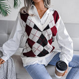 Pullover Rhombus V-neck Casual Loose Knitted Sweater Women's