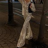 Women Lapel Long Sleeve Pullover And Wide Leg Pants Suits Autumn New 2022 Party Two Piece Set Fashion Female Shinny Sequin
