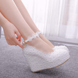 Lace Wedding Shoes Slope Heel Single Shoes Buckle With Slope Heel Shoes Waterproof Table Large Size