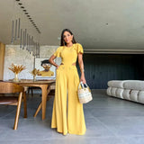 Solid Hole Button Women's Jumpsuit O-neck Butterfly Sleeve Loose Long Pants One Piece Suit Summer Women Fashion