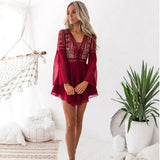 White Lace Dress Elegant Hollow Out V Neck Cross Lace Up Mini Sexy Dress Casual Short A-Line Dress Vintage