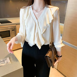 Apricot Elegant Blouse Women Auutmn Spring New Long Sleeve Ruffles Chic Solid Lantern Sleeve Tops Blouse Lining
