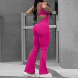 Hollow Backless Scrunch Gym Flare Jumpsuit Sport Casual Women One Piece Outfits Yoga Dance Jump Suit Black Fitness
