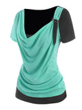 Two Tone Short Sleeve Tee Women T Shirt Cowl Front Colorblock D Ring T Shirt 2022 New Summer