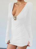 Deep V-neck Long Sleeve Bodycon Gold Applique Mini Dress- Outfit