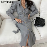 Chic Turn-down Collar Women Long Plaid Dress Fashion Single-breasted Belted Female Dress Full Sleeve Bodycon