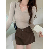 Design Thread Polo Lapel Knit Sweater Female Spring And Autumn Winter V Collar French Versatile Long-Sleeved Bottom Top-Outfit