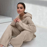 Women Fashion Knitted Trousers Two Piece Set Casual Hooded Long Sleeve Sweatshirt & Pants Set 2022 Winter Female