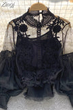 Through Mesh Lace Blouse with Lining Women Elegant Embroidery Floral Lantern Sleeve Slim Short Tops Ladies Sexy Shirts