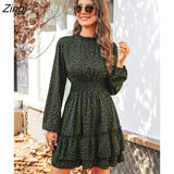 Green Leopard Tiered Flounce Mini Dress For Women Sexy Mock Neck Long Sleeve Party Dress 2023 Spring Autumn Female