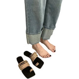 Zingj Version Of Fine Belt Combination One Word Soft Leather Square Head Slippers Female Open Toe Flat Bottom Beach
