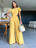 New Summer Solid Women Jumpsuit Sleeveless O-neck Naked Waist Wide Leg Long Pant Bodysuit Fashion Fit Casual