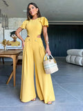 Solid Hole Button Women's Jumpsuit O-neck Butterfly Sleeve Loose Long Pants One Piece Suit Summer Women Fashion