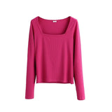 Sexy Square Collar Slim T-shirts Woman Knitwear Tops Solid Color Long Sleeve Skinny
