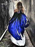 Bohemian Printed Blue Long Sleeve Self Belted Kimono Dress Women Clothing Summer Beachwear One Shoulder Maxi Dress