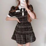 Women Temperament Dress Lapel Contrast Color Three Buttons Slim Puff Sleeve A Line Skirts Spring Retro Commute