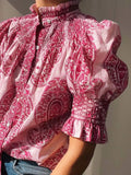Zingj Elegant Pink Printed Pleated Shirts Chic Ruffle Collar Short Puff Sleeves Buttons Shirt 2024 Lady Vacation Streetwear 211-0-Outfit