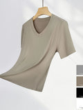 Zingj Grade Simple Classic High Gram Heavy Threaded Shoulder T-Shirt White V-Neck Short Sleeved Jacket Temperament Inside