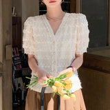 Summer Lace Chiffon Blouse and Tops V Neck Fashion Short Sleeve Shirts Women's Casual Lady Buttons Female Clothing