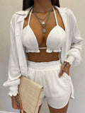 Sleeve Shirt &amp; Pocket Design Shorts Sets With Frill Hem Crop Top Set Women's Shorts and Top Sexy Outfits for Woman
