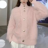 Zingj New Imitation Mink Velvet Standing Collar Sweater Cardigan Female Autumn Loose And Thick Age Reduction Jacket Coat-Outfit