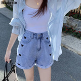 Shorts Women Summer Wide Leg High Waist Cute Heart Lady Short Jeans Pants A-line Blue Black Casual Woman Denim