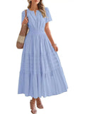 Spring And Summer Women's New Fashion V-Neck Folding Bubble Sleeve Layer - Big Swing Dress